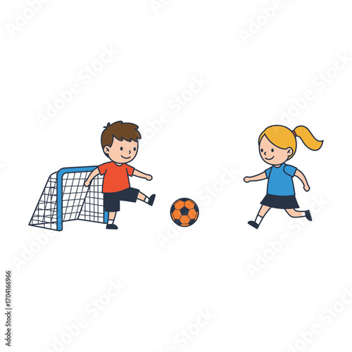 Vector art of two cartoon children playing soccer, a boy kicking the ball towards a goal and a girl running