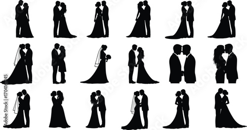 Romantic wedding couple silhouettes in various poses, bride and groom love vector set, elegant marriage celebration black icons