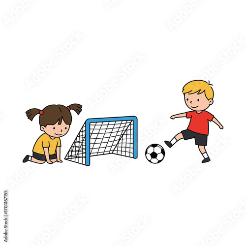 Vector art of two cartoon children playing soccer, a boy kicking the ball towards a girl kneeling by the goal