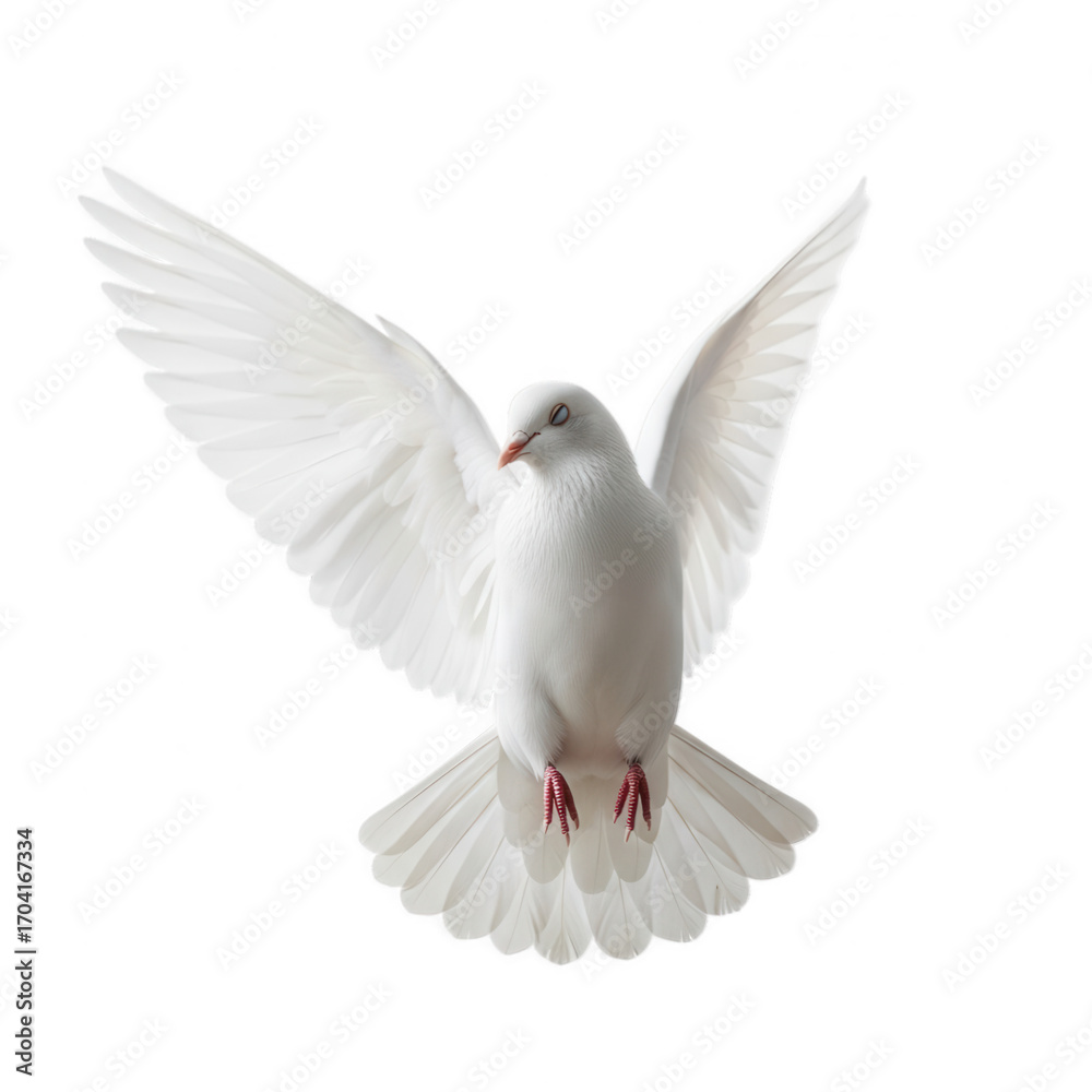 Fototapeta premium Majestic white dove with wings spread wide in flight isolated on transparent background