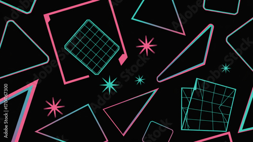 Retro wave geometric shapes background with neon colors for graphic design and web design projects