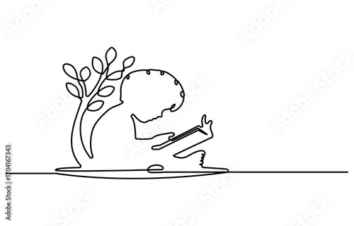 Single one line drawing the kids sitting reading a book under shady tree. They do group study summarizing story books. Enjoy reading. Book festival concept. Continuous line design graphic illustration
