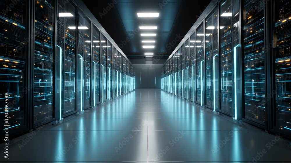 Fototapeta premium A long server room hallway with rows of servers and blue lights illuminating the space evenly