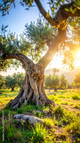 Old olive tree in a sunlit meadow