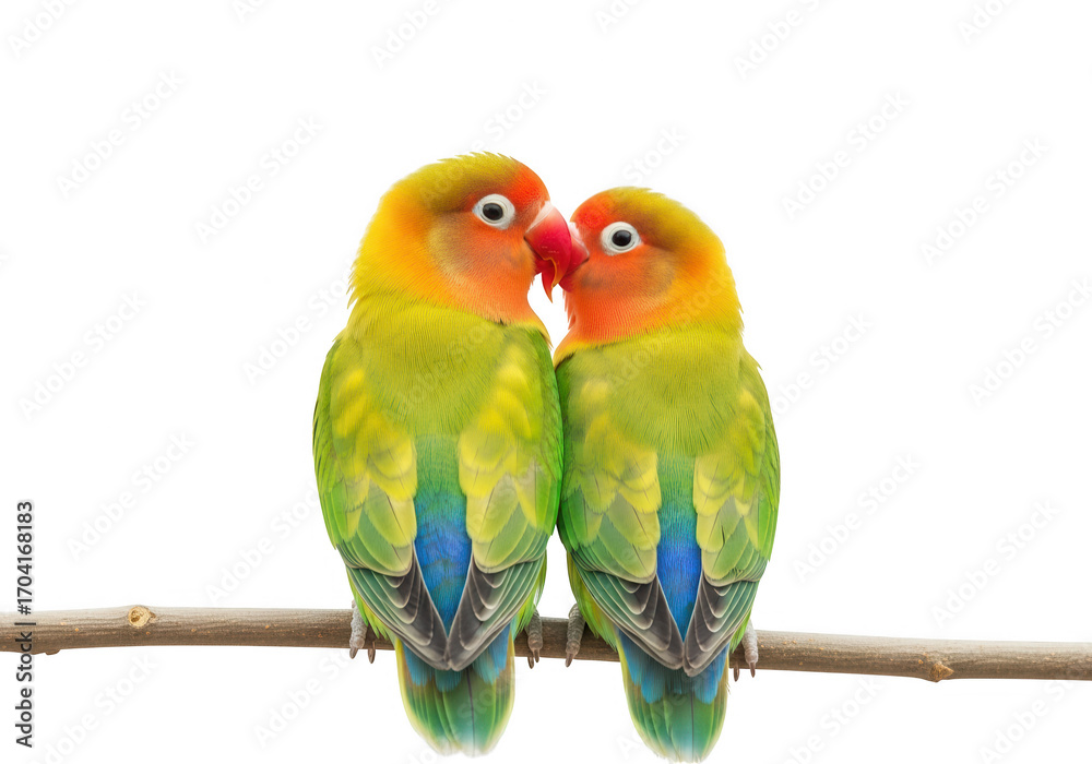 Obraz premium Two adorable fischer s lovebirds perched together on a branch isolated on transparent background