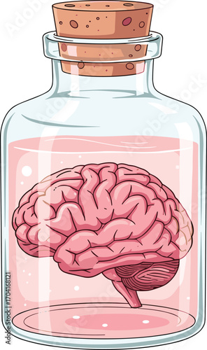 Human brain in jar, preserved specimen, pink liquid, scientific study, medical research, fantasy science, flat vector, silhouette, cad drawing