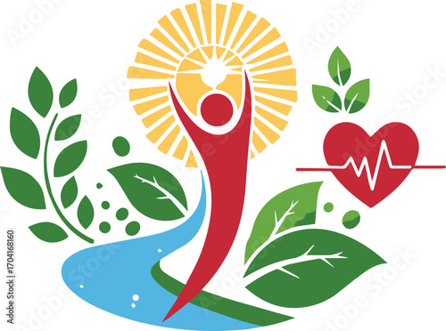 Vibrant healthy lifestyle with nature, sun, and heart symbol representing wellness and vitality