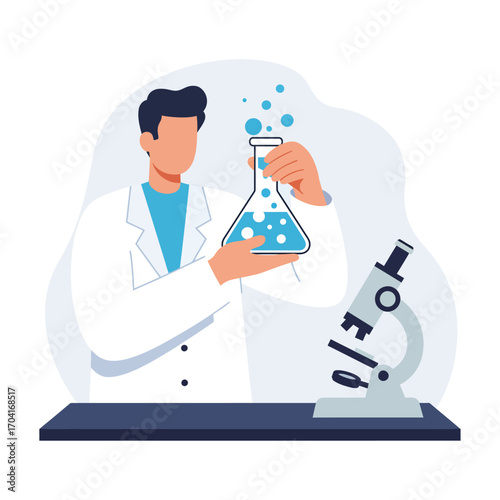 Vector art of scientist in lab coat holding a flask with blue liquid and bubbles, microscope on table