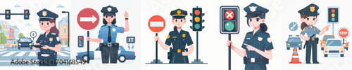 female police officer is regulating traffic in simple and minimalist flat design vector style