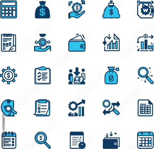 Budget icon set. Containing expense, money management, cash flow, savings, spending, income, allocation, cost estimate and more