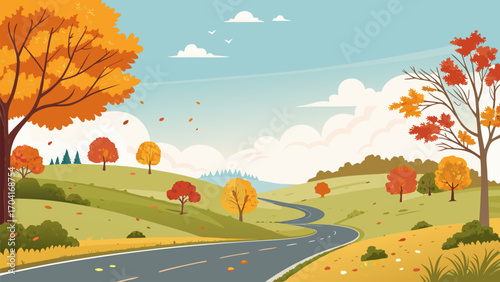 Winding Road Through Scenic Autumn Landscape with Colorful Trees and Clear Sky