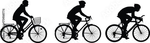 Silhouette Vector of Male and Female Cyclists on Commuter and Racing Bicycles in Motion for Sport, Fitness, and Urban Design