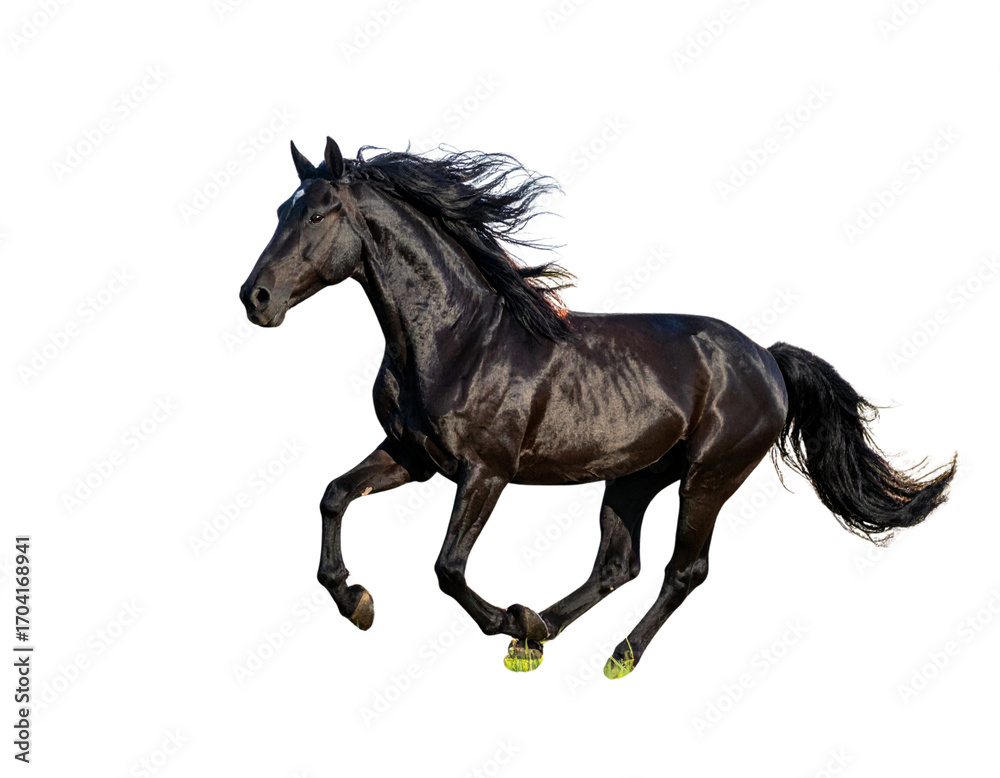 Fototapeta premium Black Horse Galloping Across Field, Side View, isolated on transparent background png