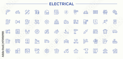 Electrical line icon set. Contain linear sign battery, charge, charger, electricity, charging, energy and more. Sign and Symbol. Editable stroke. Battery line icon set.