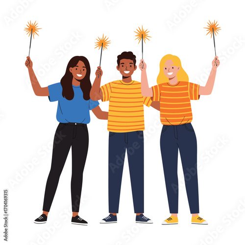 Vector art of three diverse friends, two women and one man, smiling and holding sparklers, celebrating a special occasion