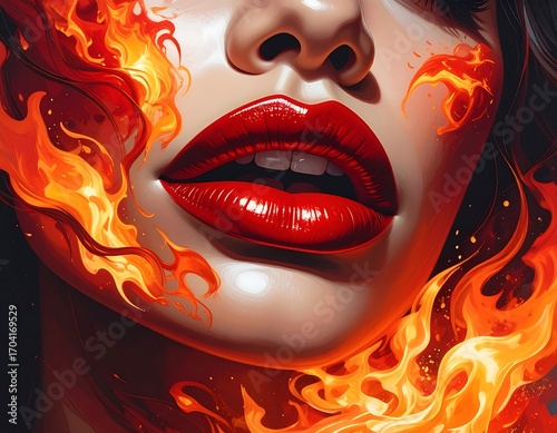 Close-up of a woman's face with fiery lips