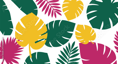 Vibrant tropical leaves in bold green, yellow, and magenta create a lively summer pattern.