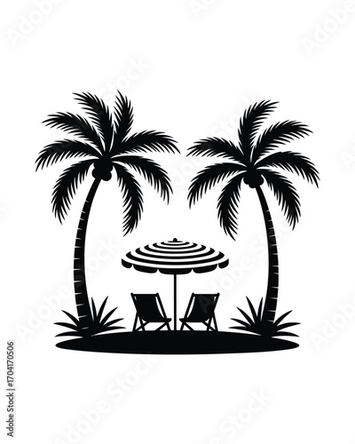 Monochrome silhouette of a tropical island paradise with two palm trees, beach chairs, and an umbrella, a serene symbol of summer vacation and travel