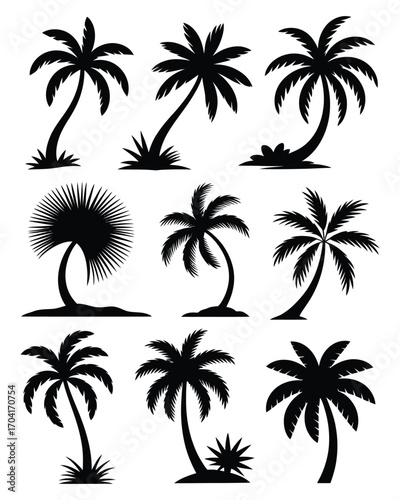 Diverse set of nine isolated tropical palm tree silhouettes. Vector collection of exotic island plant icons for graphic black-and-white-design