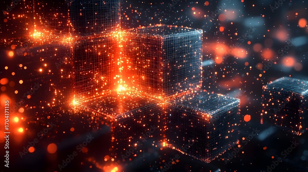 Obraz premium Abstract scene featuring glowing wireframe cubes symbolizing futuristic digital networks data flow and technological innovation