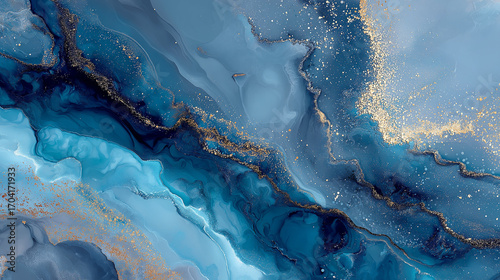 Abstract fluid art with sapphire blue and gold swirls