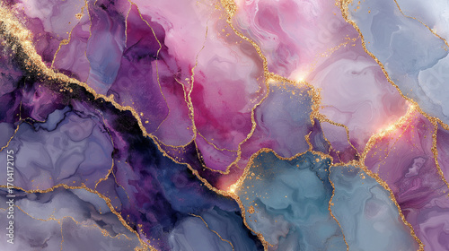 Abstract purple pink blue marble with gold veins texture