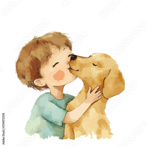 Affectionate Boy and Dog Embrace in Watercolor Style