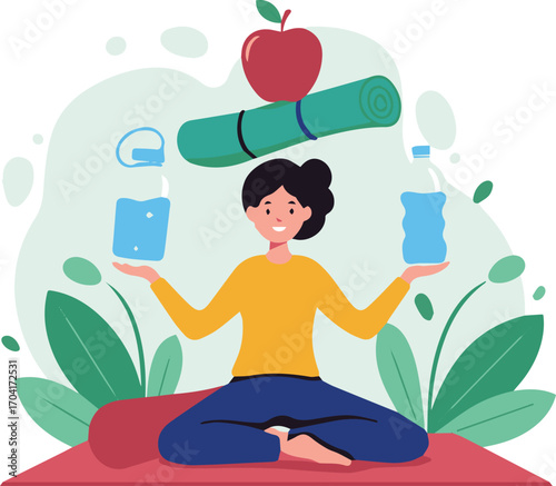 Woman practicing yoga balancing healthy lifestyle elements in serene setting