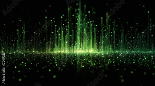 modern digital sound wave visualization in green tones representing audio frequencies data analysis vibrant dynamic bars and dots technology music visualization concept