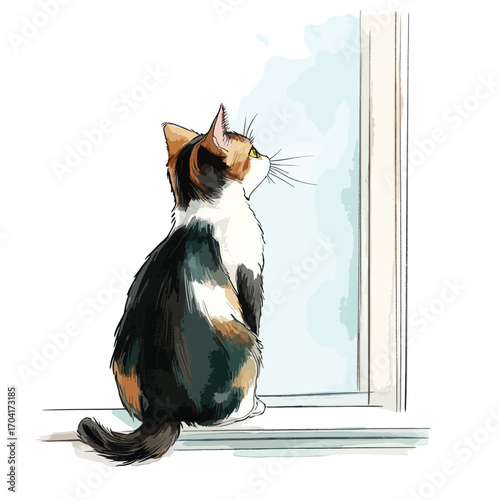 Calico Kitten Gazing Out Window Watercolor Style