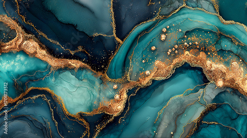 Teal and gold abstract fluid art with flowing textures