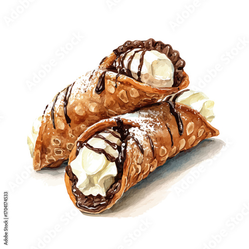 watercolor vector of Cannoli, isolated on a white background.