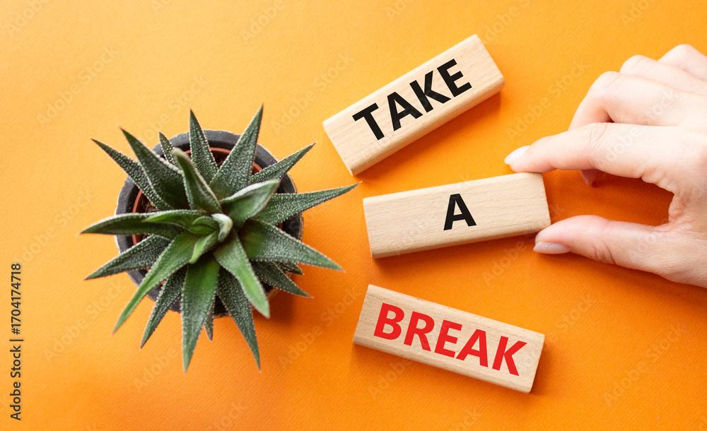 Take a break symbol. Concept words Take a break on wooden blocks with succulent plant. Businessman hand. Beautiful orange background. Business and Take a break concept. Copy space. Take a break symbol. Concept words Take a break on wooden blocks with succulent plant. Businessman hand. Beautiful orange background. Business and Take a break concept. Copy space.
