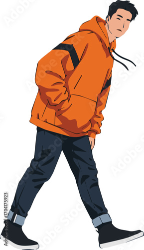 Confident young man in stylish orange hoodie and jeans, walking with hand in pocket, modern street style