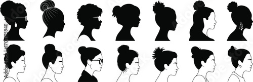 Diverse female profile silhouettes with various hairstyles. Vector illustration of women in black and white for avatar and design.