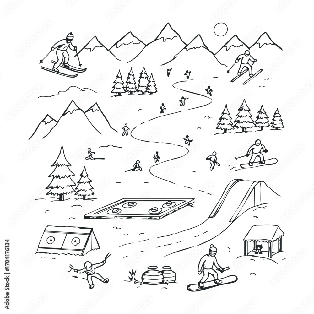 Fototapeta premium Skiing and snowboarding adventure mountain resort illustrative art snowy landscape aerial view winter sports fun. Vector illustration