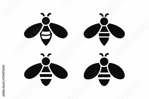 set of bee flying icon silhouette illustration isolated on white background