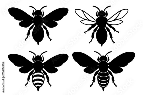 set of bee flying silhouette illustration isolated on white background