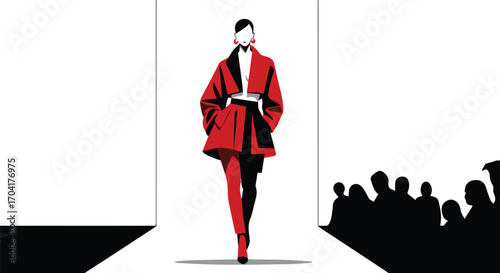 Stylish woman confidently walks fashion runway with audience watching, modern design