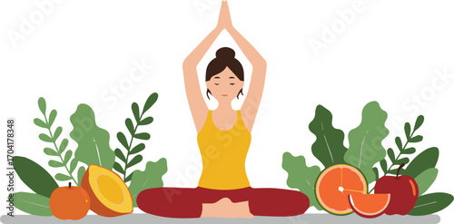 Serene woman meditating surrounded by vibrant fruits and lush greenery, promoting wellness and healthy lifestyle