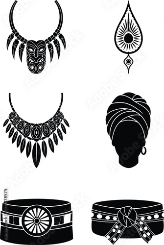 A collection icons representing ethnic and tribal accessories. This modern graphic set features diverse and intricate designs, including ornate necklaces, a head wrap.
