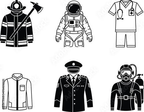 Vector illustration set of various clean, modern graphic features detailed uniform designs for firefighters, astronauts, police officers, doctors, and other essential.