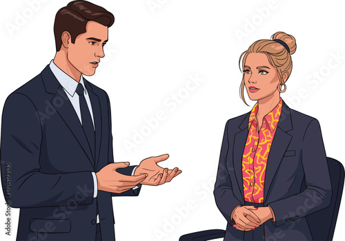Professional business discussion between man and woman, office communication, team collaboration, corporate talk, executive meeting, workplace conversation