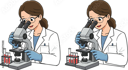 Female scientist in lab coat using microscope with test tubes, conducting medical research in laboratory for science and education