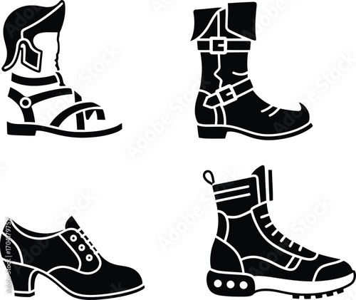 A collection of stylized shoe icons representing a variety of historical and modern footwear, from Roman sandals and pirate boots to a Victorian shoe and futuristic sneaker.