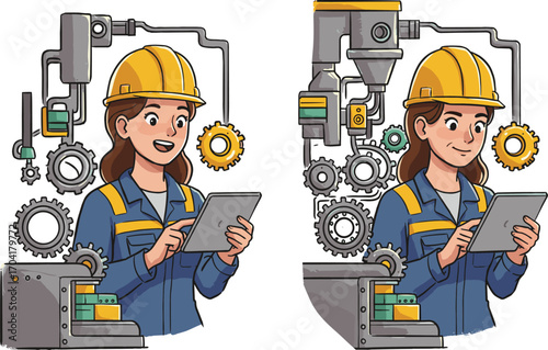 Female engineer using tablet in industrial automation environment with mechanical components, gears, valves, control panels, and advanced machinery setup.
