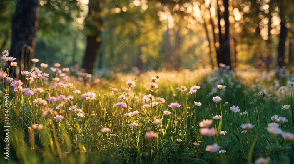 Obraz premium Detailed Picture of Meadow with Blooming Flowers in a Forest Setting isolated on ultra quality image 8k resilution green sunset morning orange vides pastel background.