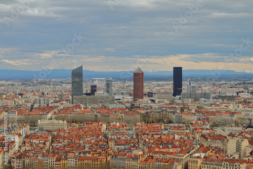 Panorama of historical city center and skyscrapers. Lyon, France