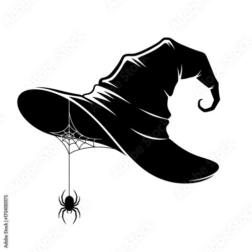 Black witch hat with spider and web silhouette isolated on white background