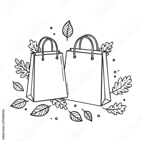 Shopping bags displayed amidst autumn leaves outdoor graphic illustration nature inspired top-down view minimalist concept. Vector illustration